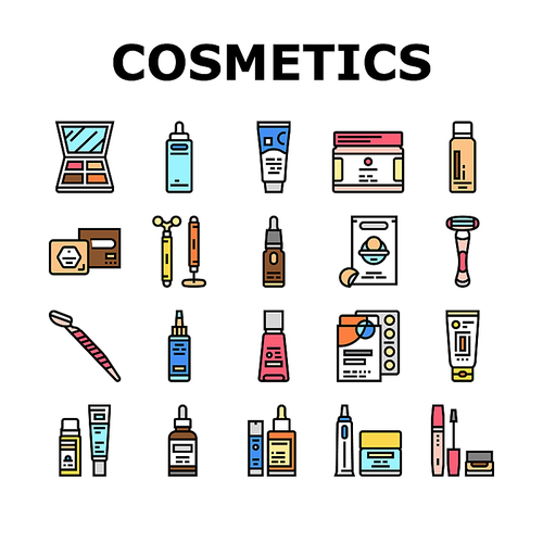 Cosmetics For Visage Skin Treat Icons Set Vector. Eyeshadow Palette And Face Oil, Solid Shampoo And Body Butter, Firming Serum And Mattifying Cream Skincare Cosmetics Color Illustrations