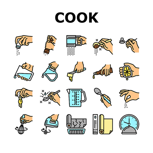Cook Instruction For Prepare Meal Icons Set Vector. Butter And Milk Add, Salt And Pepper Flavoring, Beater Whisk And Mixer Device Beating, Adding Lemon Juice And Egg Color Illustrations