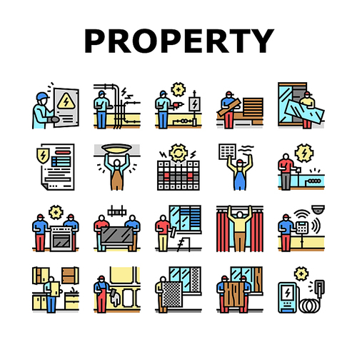 Property Maintenance And Repair Icons Set Vector. Property Furniture Fixing And Electronic Appliance Installation, Kitchen Refurbishment, Windscreen Repairing And Replacement Color Illustrations