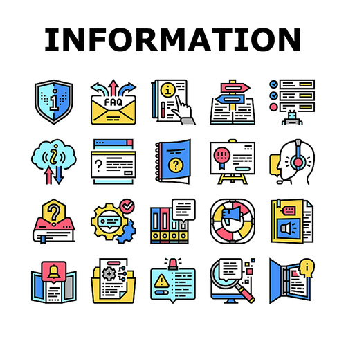 Information And Client Supporting Icons Set Vector. Brochure With Important Information And Call Service Support Or Advice, Guidance And Help, Handbook Literature And Manual Book Color Illustrations