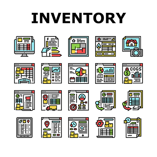 Inventory Analytics And Report Icons Set Vector. Inventory Movement Pending And History Reporting, Gas Safety And Energy Performance Certificates, Sales And Purchase Color Illustrations