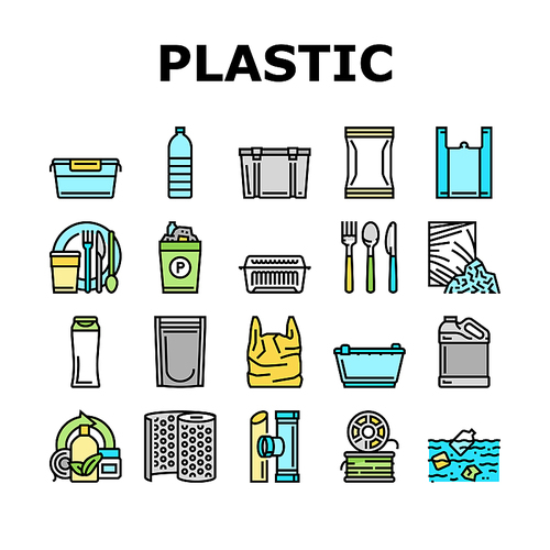 Plastic Accessories And Utensil Icons Set Vector. Plastic Food Container And Tableware, Shampoo Bottle And Canister, Used Polyethylene Bag And Pouch, Spoon And Fork Color Illustrations