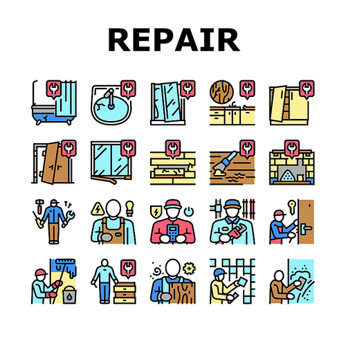 Repair Furniture And Building Icons Set Vector. Repair Door And Bath, Repairing Kitchen Worktop And Fireplace, Locksmith And Carpenter, Electrician And Plasterer Worker Builder Color Illustrations