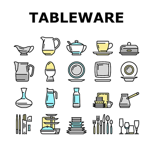 Tableware For Banquet Or Dinner Icons Set Vector. Plate For Meal And Cup For Drink, Spoon And Fork, Glass Carafe And Decanter For Water Tableware. Kitchen Utensil Accessories Color Illustrations