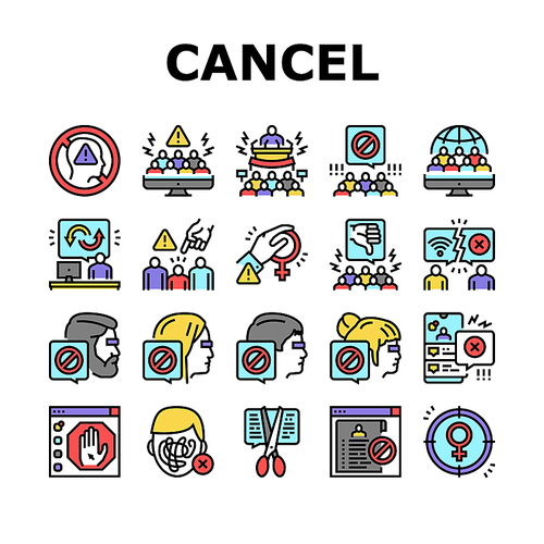Cancel Culture And Discrimination Icons Set Vector. Cancel Male And Female Person, Backlash People And Social Boycott Problem, Harassment And Sexism Society Reaction Color Illustrations