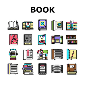 Book Educational Literature Read Icons Set Vector. Book Library Bookshelf And Bookmark Accessory, Notebook For Writing Task And Diary, E-book Device And Audiobook Color Illustrations