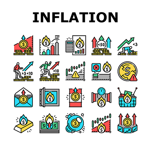 Inflation Financial World Problem Icons Set Vector. Core And Rate Inflation, Stagflation Online Market And Finance Hyperinflation, Deflation Money And Food Asset Color Illustrations