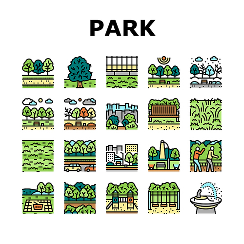 Park Meadow Nature And Playground Icons Set Vector. Park Green Leaves Tree And Bush, Foliage Forest Wood And Picnic Grass Lawn, Drinking Fountain And Swing, Bench And Light Color Illustrations