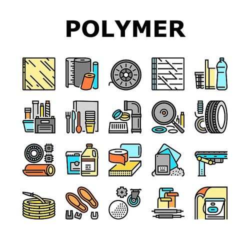 Polymer Material Industry Goods Icons Set Vector. Conveyor Belt And Garden Hose, Wheel And Bottle, Polyester Resin Bag And Container Polymer Industrial Production Color Illustrations