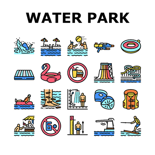 Water Park Attraction And Pool Icons Set Vector. Water Park Restaurant And Bar, Inflatable Swim Vest And Lifebuoy, Trampoline And Mattress. Swimming And Enjoying Time Color Illustrations