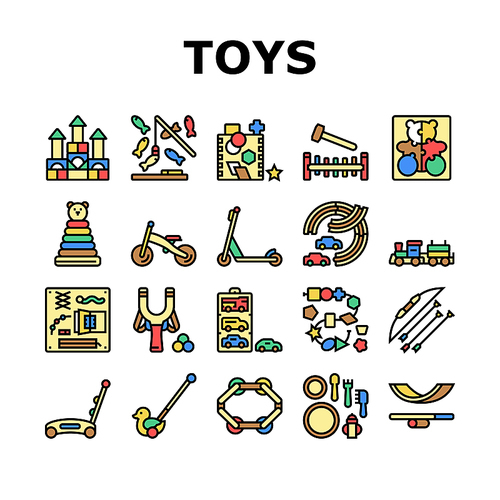 Wooden Toy For Children Play Time Icons Set Vector. Fishing Magnetic Game And Slingshot, Track For Playing With Car And Ring Stacker, Train And Puzzles Wooden Toy Color Illustrations