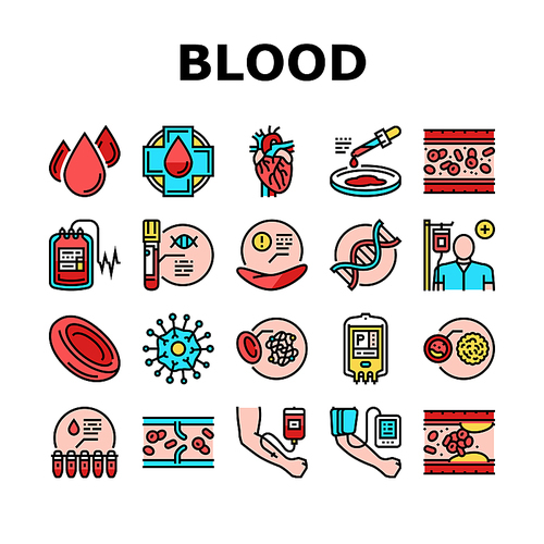 Blood Pressure Measuring Gadget Icons Set Vector. Blood Drop And Artery Vessel, Dna And Health Researchment And Laboratory Analyzing, Transfusion And Researchment Color Illustrations