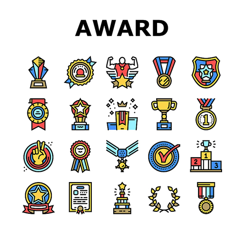 Award For Winner In Championship Icons Set Vector. Trophy Award In Form Star And Diploma Certificate For Win And Victory In Sportive Competition. Golden Medal And Cup Color Illustrations