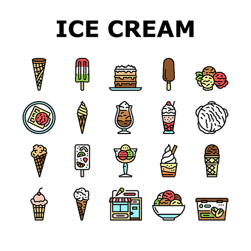 Ice Cream Delicious Dessert Food Icons Set Vector. Strawberry And Cherry Fruit Ice Cream, Frozen Yogurt And Juice. Waffle Cone And Cake Sweet Nutrition With Chocolate And Vanilla Color Illustrations