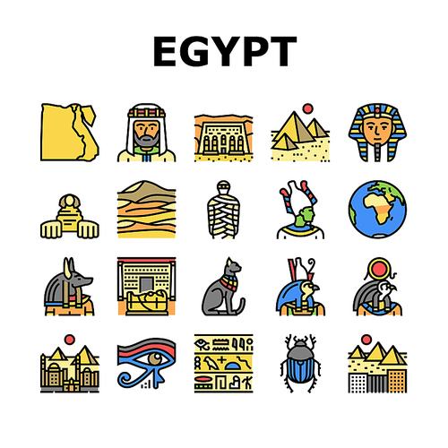 Egypt Country Monument Excursion Icons Set Vector. Egypt Pyramid And Sphinx Antique Construction, Pharaoh And Egyptian God, Hieroglyph And Desert, Abu Simbel And Giza City Color Illustrations
