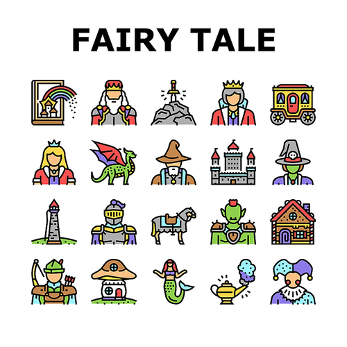 Fairy Tale Magical Story Book Icons Set Vector. Fairy Tale Witch And Goblin, Kingdom Castle Building And Gingerbread House, Magic Dragon Animal And Horse, Djinn Lamp And Sword Color Illustrations