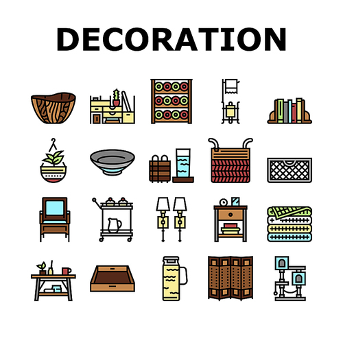 Home Decoration And Furniture Icons Set Vector. Bookends And Rattan Patio Home Decoration, Noodle And Wooden Bowl, Desktop Organizer And Mesh Basket. Room Divider Color Illustrations