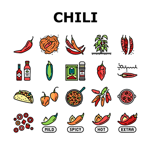 Chili Spicy Natural Vegetable Icons Set Vector. Habanero And Cayenne, Capsaicin And Jalapeno Chili Pepper Bio Product Harvesting In Garden. Sauce And Mexican Food Color Illustrations