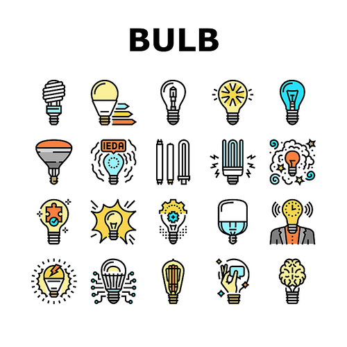 Bulb Electrical Energy Accessory Icons Set Vector. Halogen And Fluorescent Shining Lamp Light Bulb Electric Device, Power And Glowing Bright Ray. Brainstorming And Business Idea Color Illustrations