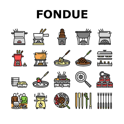 Fondue Cooking Delicious Meal Icons Set Vector. Cheese And Chocolate Tasty Dish Prepared In Warmer Kitchen Appliance Electronic Equipment. Preparing Raclette Food Color Illustrations