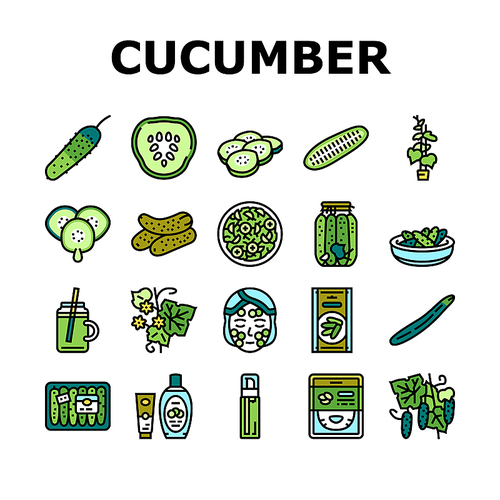 cucumber natural bio vegetable icons set vector. cucumber ingredient for preparing vitamin salad and  cream cosmetics, spa salon healthy procedure and facial mask color illustrations