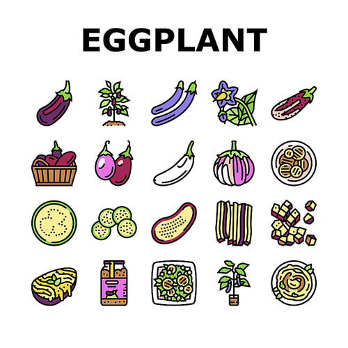 Eggplant Vitamin Bio Vegetable Icons Set Vector. Eggplant Cut And Sliced Ingredient For Cooking Salad And Baking With Cheese, Growing Plant And Harvesting In Garden Color Illustrations