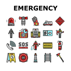 Emergency Helping In Accident Icons Set Vector. Policeman And Firefighter Urgency Help People, Bell Alarm And Ladder Equipment, First Aid Kit And Axe. Warning Sign Color Illustrations
