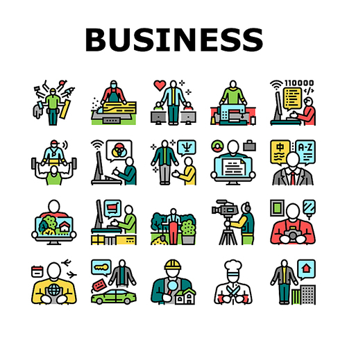 Small Business Worker Occupation Icons Set Vector. Personal Chef And Photographer, Home Inspector And Car Detailing Specialist, Property Manager And Translator Small Business Color Illustrations