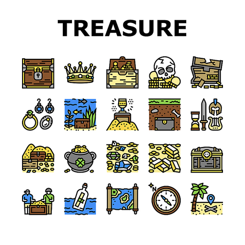 Treasure Golden Jewels In Chest Icons Set Vector. Pirate Gold And Skull, Gemstone And Jewelry Accessories, Leprechaun And Compass Equipment For Searching Treasure Color Illustrations