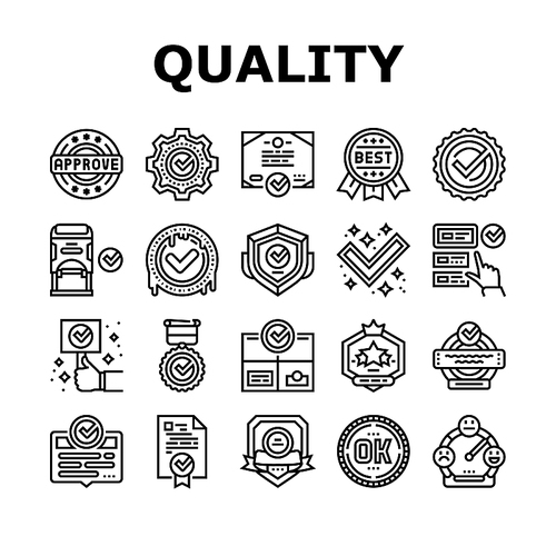 Quality Approve Mark And Medal Icons Set Vector. Product Quality Approve Certificate Document With Checkmark And Stamp Of Guarantee. Service Successful Check And Analysis Black Contour Illustrations