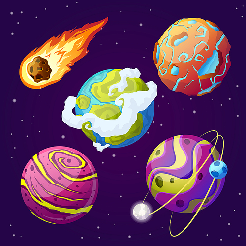 planet space set cartoon. moon star, comet universe, solar galaxy, cosmos astronomy, sky system planet space vector illustration