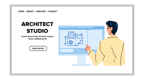 Architect Studio Worker Develop Exterior Vector. Designer Working At Computer With Software In Architect Studio Office. Character Architectural Company Employee Web Flat Cartoon Illustration