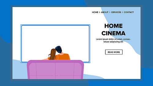 Home Cinema Enjoying Man And Woman Couple Vector. Home Cinema Technology Enjoy Boyfriend And Girlfriend, Watching Video Movie Together. Characters Resting On Sofa Web Flat Cartoon Illustration