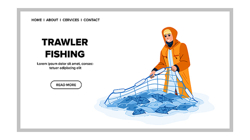 trawler fishing vector. boat sea fish, ocean ship, commercial fisherman trawler fishing character. people flat cartoon illustration