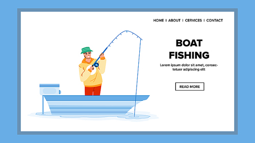 boat fishing vector. river cathch fish, male hobby, spinning boat fishing character. people flat cartoon illustration