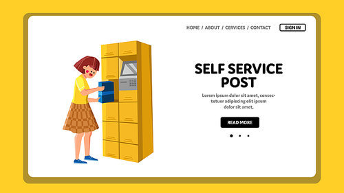 Self Service Post Equipment Use Girl Client Vector. Young Woman Using Digital Self Service Post. Character Getting Parcel From Delivery Company Automatic Station Web Flat Cartoon Illustration