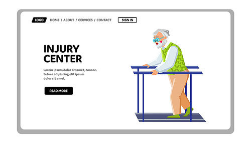 Injury Center Helpful Therapy For Old Man Vector. Elderly Senior Exercising On Injury Center Rehabilitation Equipment. Character Recovery Training Exercise Web Flat Cartoon Illustration