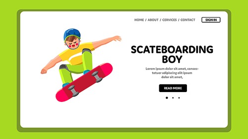 Skateboarding Boy In Extreme Sport Park Vector. Skateboarding Boy On Skateboard, Extremal Sportive Activity. Character Teenager Extremal Trick On Skate Board Web Flat Cartoon Illustration