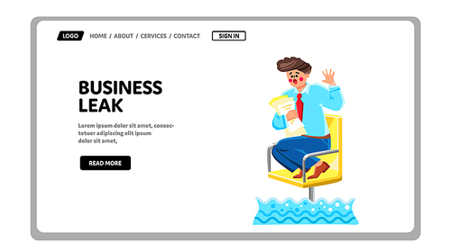 Business Leak And Bankruptcy Of Company Vector. Business Leak Financial Problem, Shocked Young Businessman On Chair Safe From Flood. Character Emergency And Safety Web Flat Cartoon Illustration