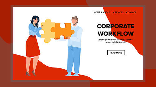 Corporate Workflow Business Working Process Vector. Businessman And Businesswoman Company Corporate Workflow, Management And Development. Characters Successful Teamwork Web Flat Cartoon Illustration