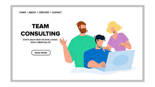 Team Consulting And Business Education Vector. Online Tea Consulting And E-learning, Men And Woman Watching Webinar On Laptop Together. Characters Teamwork Web Flat Cartoon Illustration