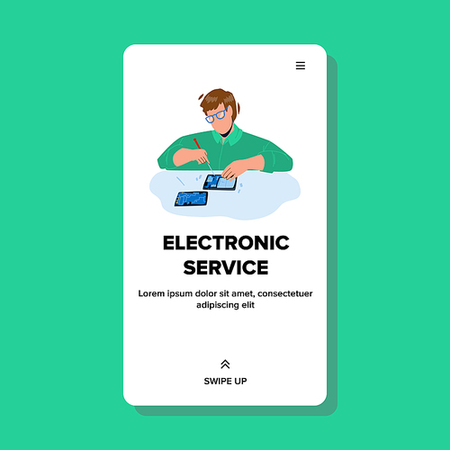 Electronic Service Worker Repair Device Vector. Electronic Service Employee Fixing Smartphone On Workplace With Instrument. Character Maintenance Gadget Web Flat Cartoon Illustration