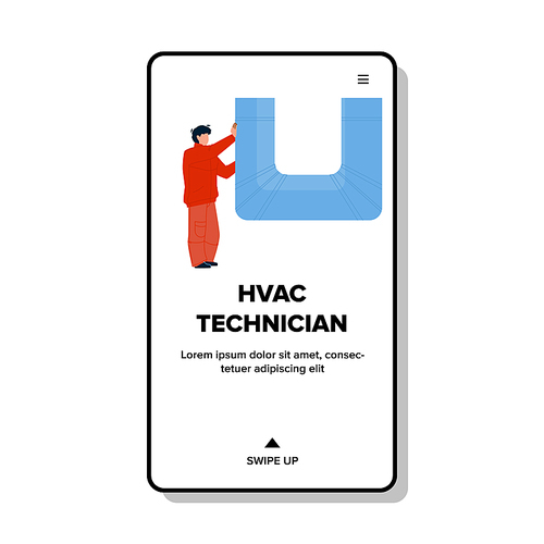 Hvac Technician Man Repair Or Installing Vector. Worker Hvac Technician Checking Or Cleaning Industrial Ventilation Pipe. Character Boy Professional Occupation Web Flat Cartoon Illustration