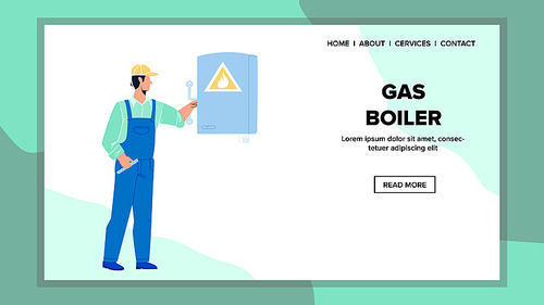 Gas Boiler Equipment Checking Repairman Vector. Heating Gas Boiler Check Technician Service Worker. Character Boy In Examining And Repair Tool, Maintenance Job Web Flat Cartoon Illustration