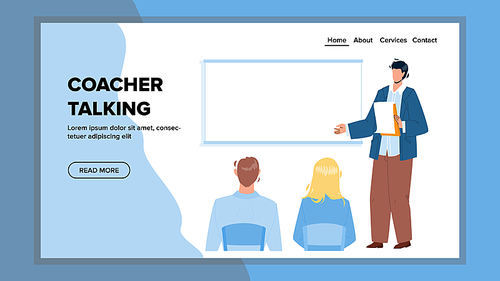 Coacher Talking To Employee On Briefing Vector. Businessman Coacher Talking On Business Meeting In Conference Room. Characters Education And Brainstorming Web Flat Cartoon Illustration