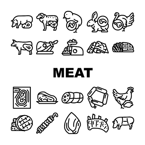 Meat Raw Food Domestic Animal Icons Set Vector. Rabbit And Mutton, Chick And Chicken, Beef And Turkey Meat For Cooking Delicious Dish And Frying Barbeque. Jamon And Hen Black Contour Illustrations