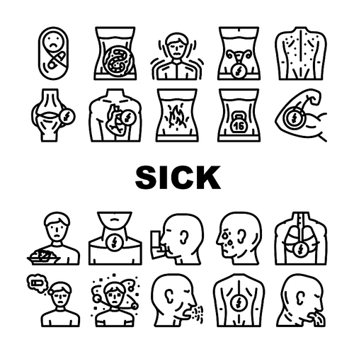 Sick Health Problem And Allergy Icons Set Vector. Children Pain And Backache Sick, Burning In Stomach And Feeling Of Heaviness, Sore Throat And Disorientation Disease Black Contour Illustrations