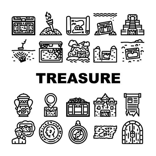 Treasure Precious And Antique Icons Set Vector. Treasure Chest And Manuscript, Compass Equipment And Map With Location For Finding, Gold Pile And Vintage Coin Searching Black Contour Illustrations