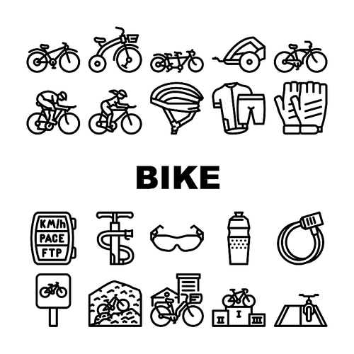 Bike Transport And Accessories Icons Set Vector. Cruiser And Tandem Bike, Trailer For Child And Rider Protective Helmet, Gloves And Clothes. Mountain And Road Riding Black Contour Illustrations