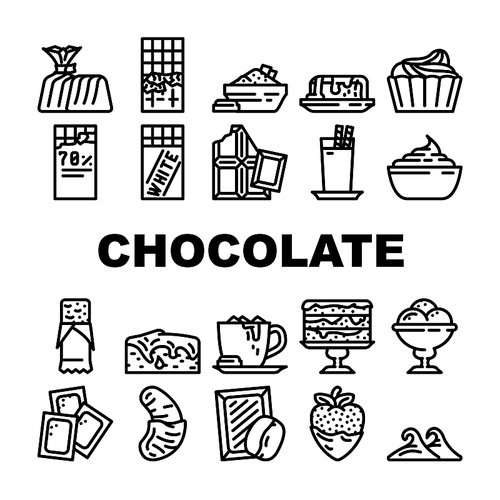 Chocolate Sweet Food And Drink Icons Set Vector. White And Dark Chocolate Bar And Candy, Strawberry And Banana Delicious Cocoa Dessert. Coffee And Milky Beverage Black Contour Illustrations